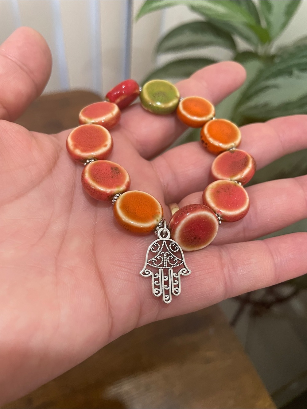 Handcrafted Multicolor Ceramic Bead Bracelet with Hamsa Charm